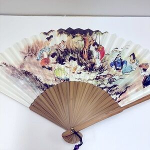 Elegant Korean Folding Fan with Blue and Brown Accents